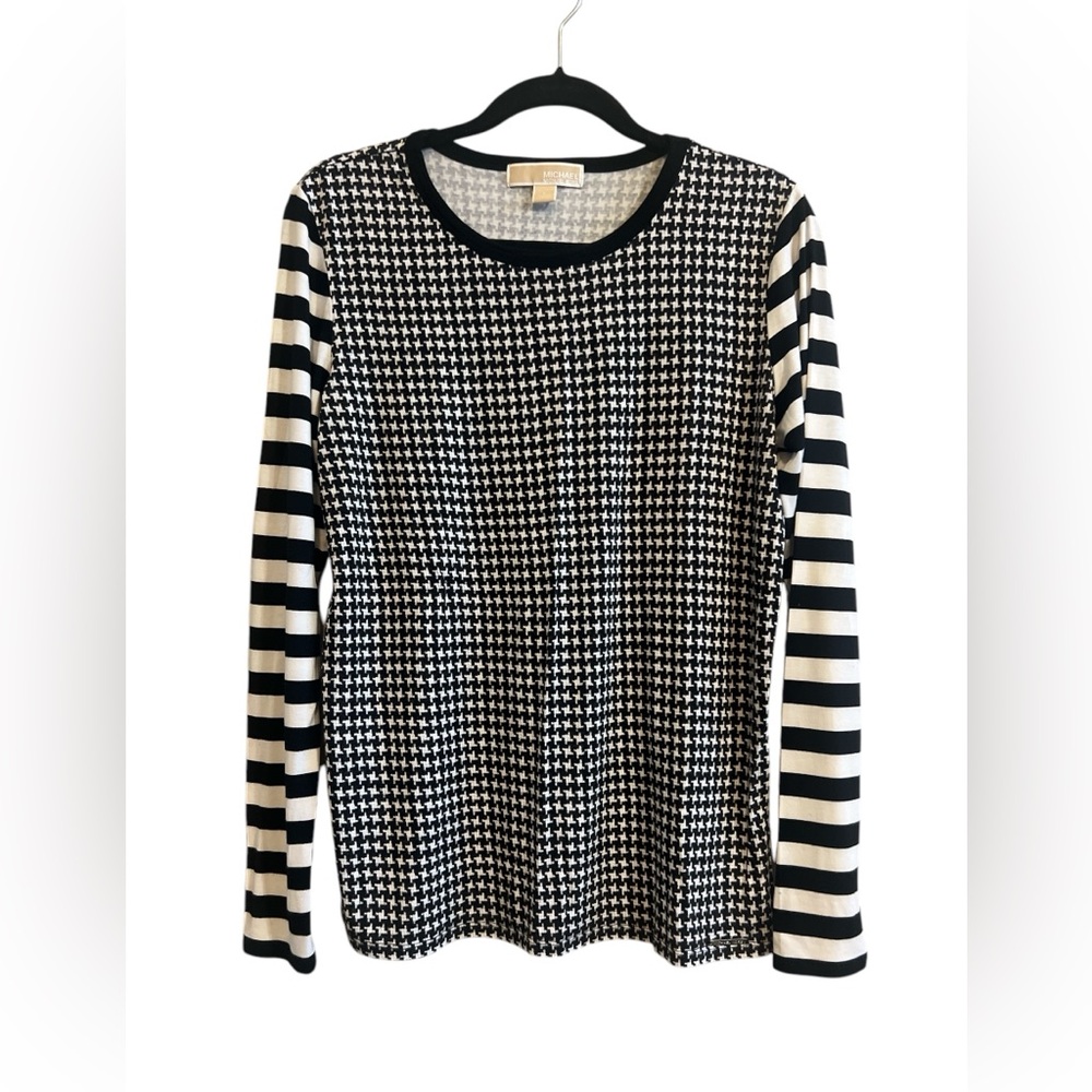 Michael Kors Long Sleeve Stripes And Houndstooth Pattern Tee Size Large